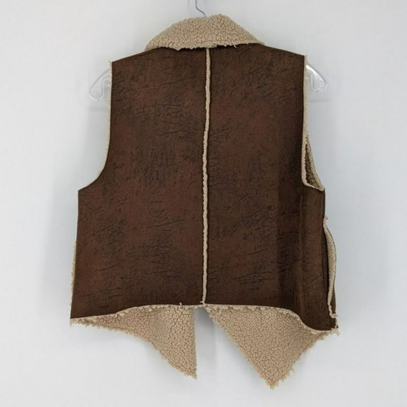C&C California Faux Suede Sherpa Vest Small Coffee Brown Tan Boho Open Front New - Picture 12 of 13